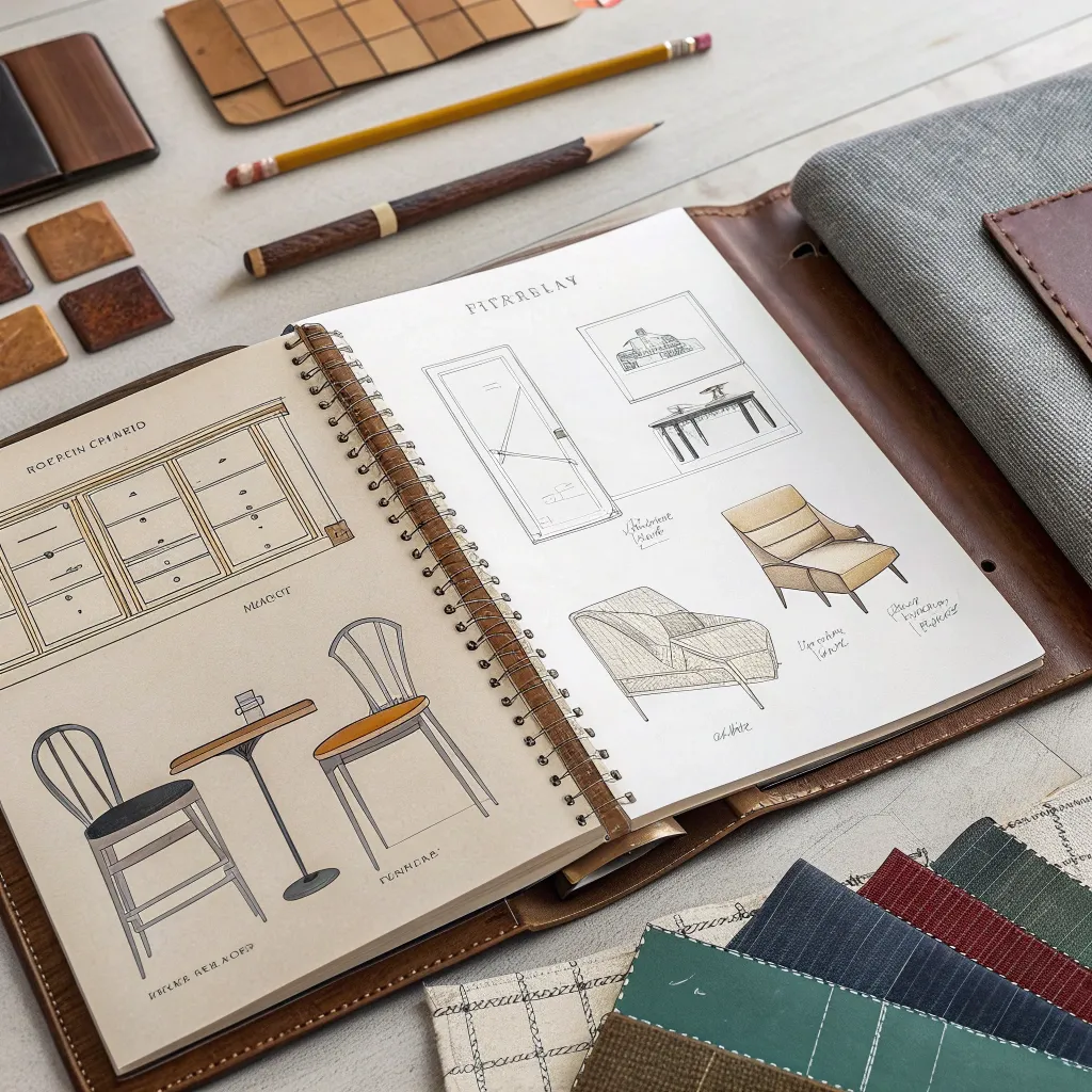 Designer's sketchbook with various furniture designs and materials