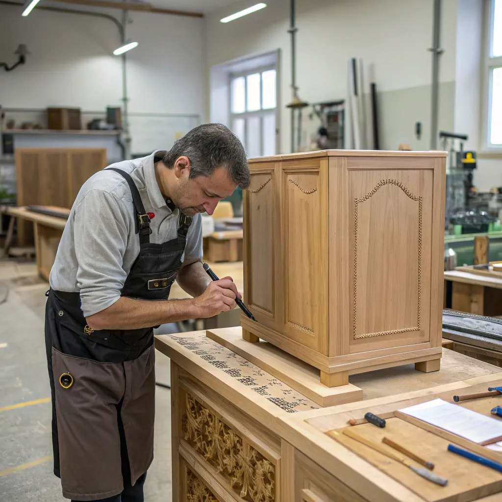 A craftsman working meticulously on a wooden cabinet in a modern workshop